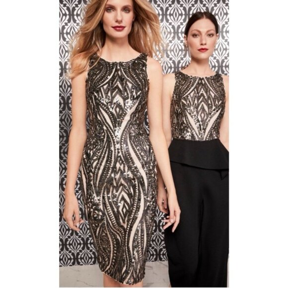 Adrianna Papell Sequin Dress 6 Champagne Bronze Pewter Wedding Party Cruise - Picture 4 of 16